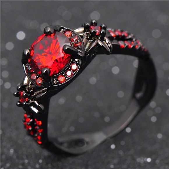 Bijou Ruby Red Garner Black Ring Sz 6 - Picture 1 of 4